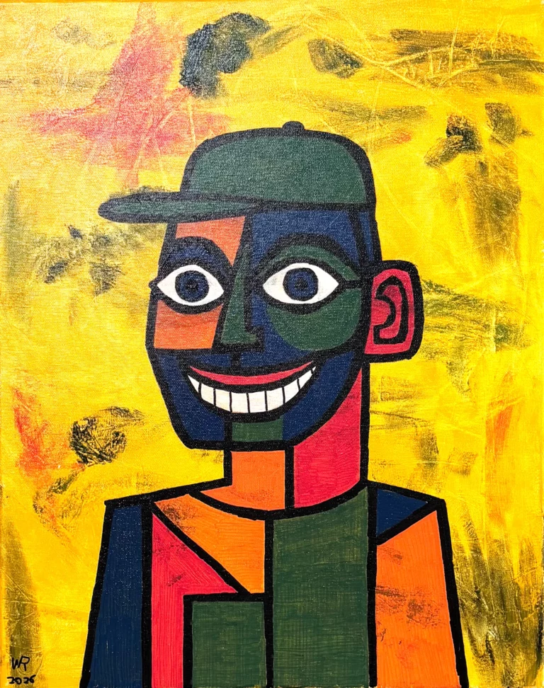 Stadsoptimist in geel een schilderij van Ward Reekmans uit Hasselt, Limburg, België