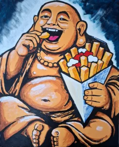 Boeddha met frieten is een schilderij van Ward Reekmans uit Hasselt, Limburg, België