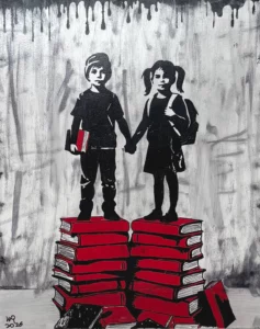 kennis maakt je groot(s), een schilderij van Ward Reekmans uit Hasselt, Limburg, België